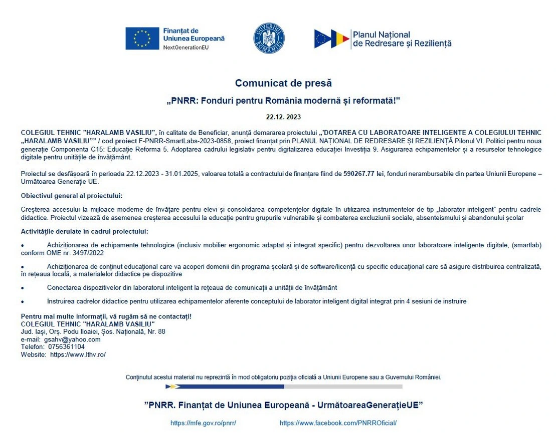 Comunicat presă Implementare Smartlab